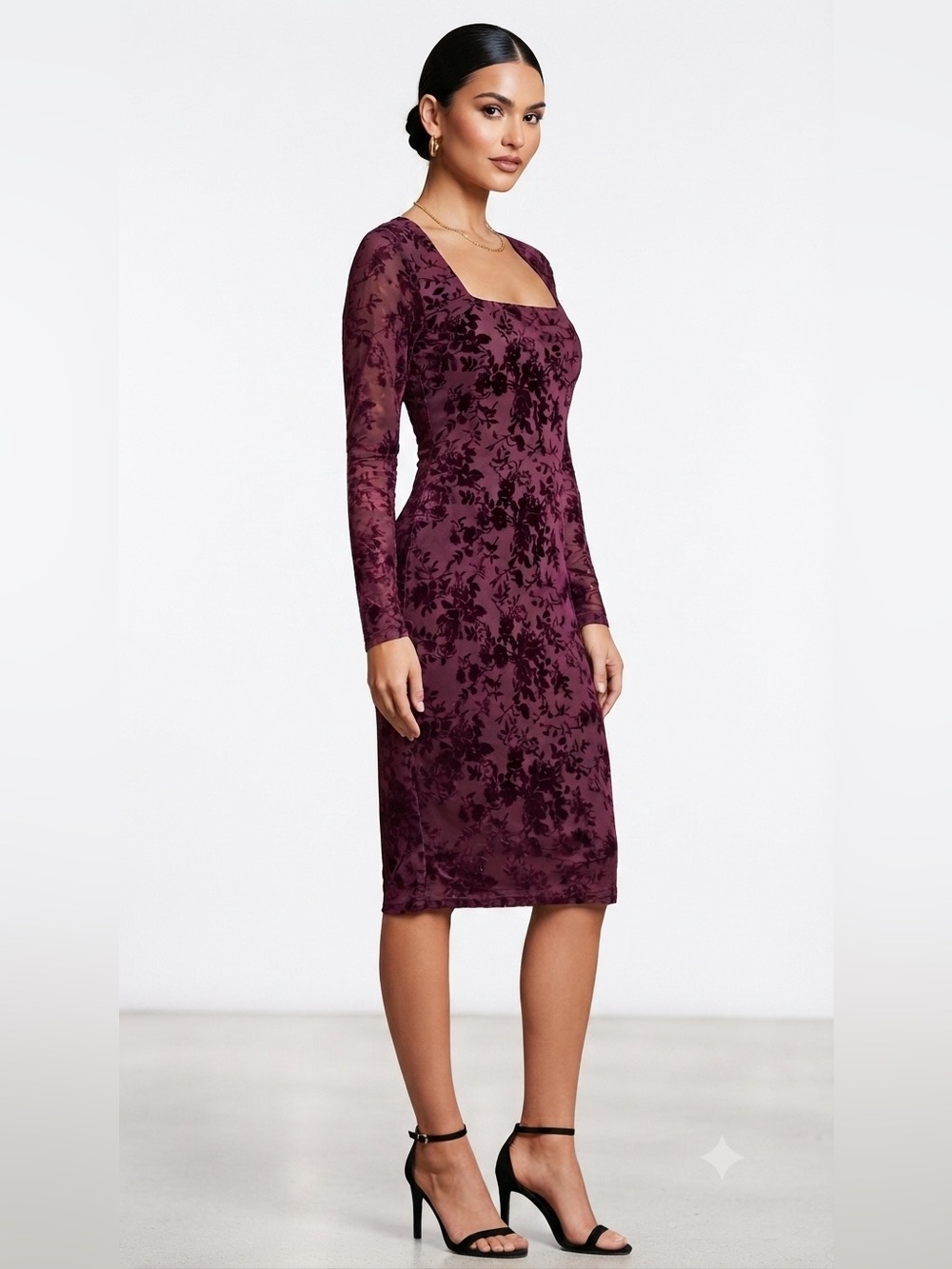 Haley & June Plum Floral Velvet Burnout Mesh Square Neck Long Sleeve Midi Dress